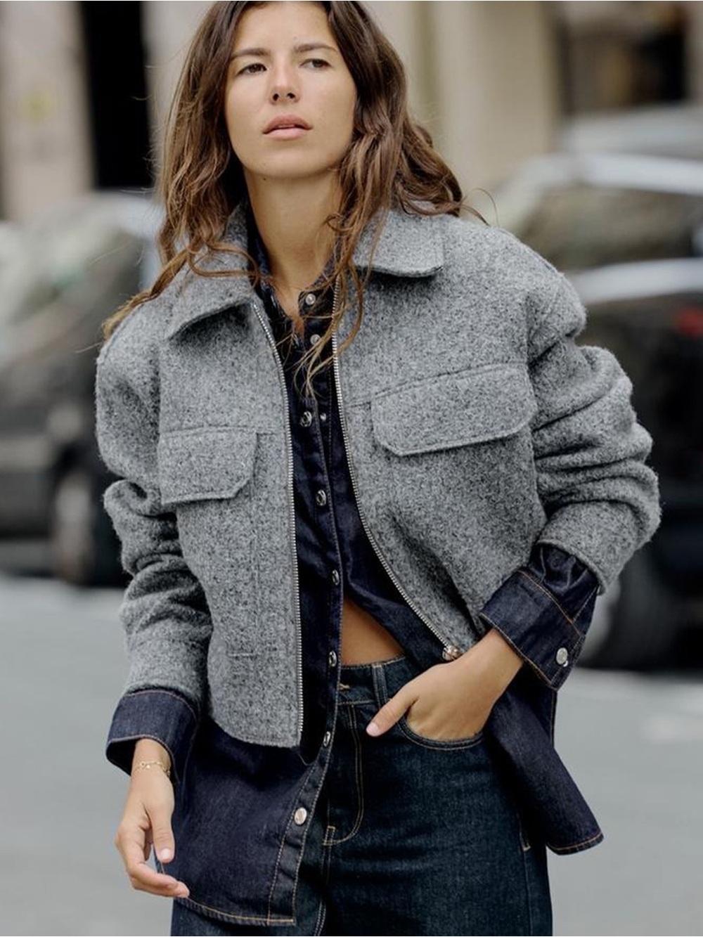 Zara Grey Boucle Cropped Pocket Zipper Jacket